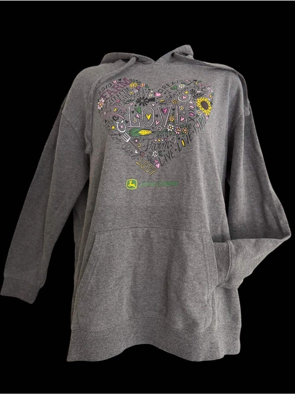 John Deere Gray Hoodie with Colorful Heart Graphic